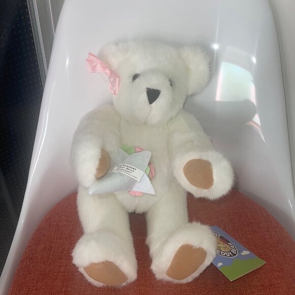 Vermont Teddy Bear Company Plush 16  Jointed Bear White Bow - Picture 12 of 15